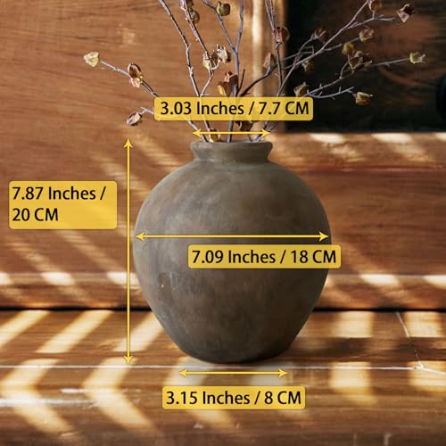 Rustic Ceramic Vase, 7.87 Inch Brown Farmhouse Flower Vases for Home Decor, Handmade Pottery Vase for Centerpieces & Table Decorations, Living Room & Entryway Decor - color: Brown