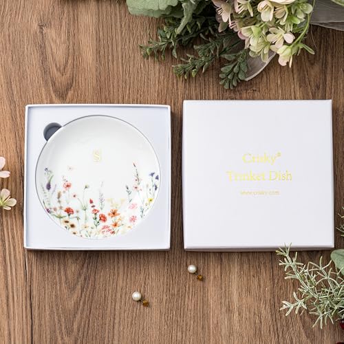 Crisky Initial Jewelry Tray Ring Dish & Gift Box, Ceramic Flower Trinket Dish for Rings Earrings Necklaces Keys, Bridal Shower Engagement Birthday Gift for Women, Friends 4.57" (Gold Foil S - style: Initial S