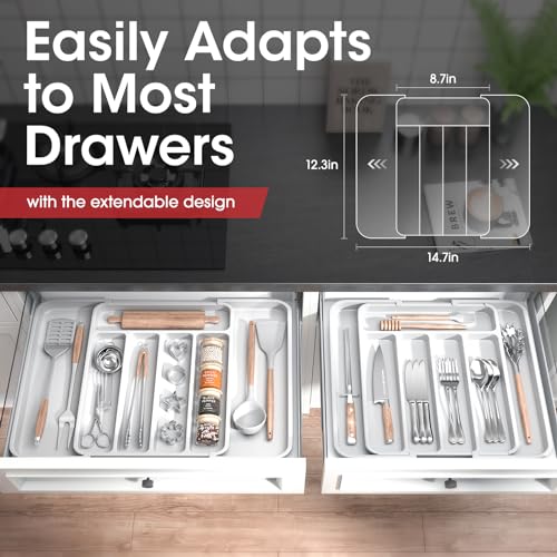 Aujen Silverware Organizer - Expandable Kitchen Drawer Organizer, Adjustable Utensil Organizer, Cutlery Tray for Forks, Knives, Multipurpose Kitchen Organizers and Storage Solution, White, Medium - color: White, size: Medium