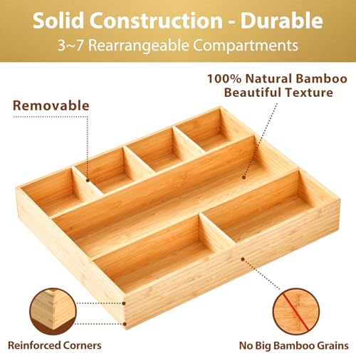 Umilife Large Bamboo Desk Drawer Organizer, Wood Junk Organizer Tray with Adjustable Dividers, Anti-Skip Storage Organization in Office Bathroom Drawer for Vanity, Makeup, 15" x 12" - size: 15"x12"