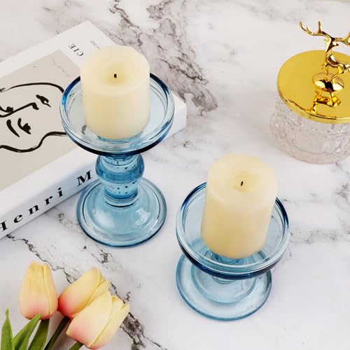 3-Piece Set of Blue Glass Candlestick, Crystal Candlestick Holder Holder and Conical Candle, Christmas Candle Holder Decoration, Family Living Room Wedding Candle Holder (Blue) - color: Blue