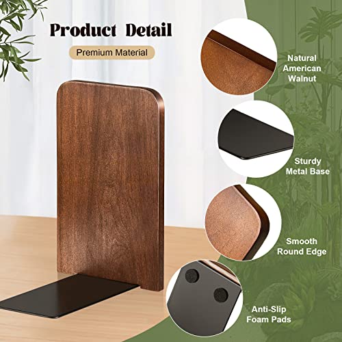 Eaasty 4 Pairs Wooden Bookends for Heavy Books, Walnut Wood Book Holders, Sturdy Non-Skid Book Stops for Shelves and Office Desk, 5.2 x 3.2 x 4.2 Inches