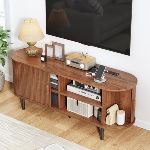 55" TV Stand with Power Outlet, Mid-Century Modern Television Stand, Fluted Media Console with Sliding Doors, Entertainment Center for TVs up to 60 Inch, Adjustable Shelves, Walnut - color: Walnut, size: 55 Inch