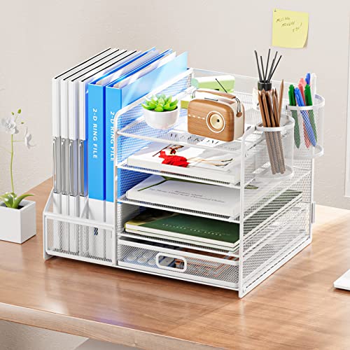 Marbrasse Desk Organiser with File Holder, 5-Tier Paper Letter Tray Organiser with Drawer and 2 Pen Holder, Mesh Desktop Organizer and Storage with Magazine Holder for Office Supplies(White) - color: White