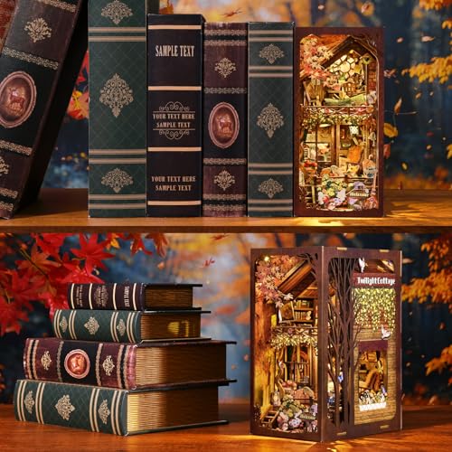 TOYQI Book Nook Kit, Book Nook Kits for Adults, DIY Miniature Dollhouse Kit 3D Wooden Puzzle Booknook Bookend with LED Light - style: TWILIGHT COTTAGE