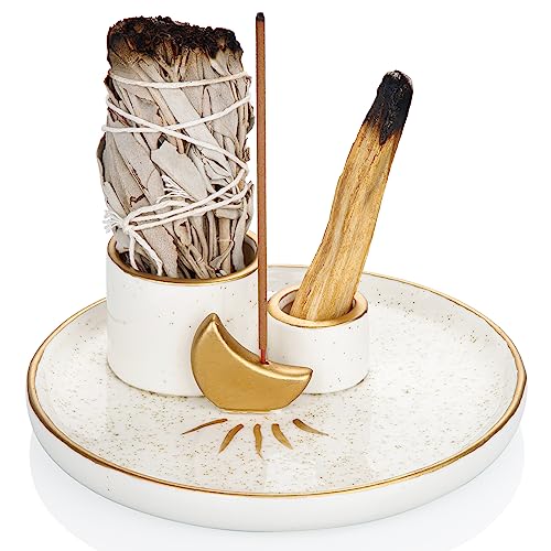 ZenBless Multifunction Incense and Candle Holder for Burning Sage, Palo Santo, Incense Sticks - 5.9" Ceramic Ash Catcher Tray for Meditation Room Home Decor Spritual Gifts (Gold) - color: Gold