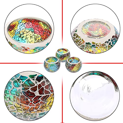 OwnMy Set of 3 Colorful Mosaic Glass Tea Light Holders Round Bowl Votive Candle Holders Pillar Candle Stands, Glass Mosaic Tealight Holders Potted Plant Bowl Vase Candle Centerpiece for Table Wedding - color: Rainbow