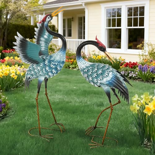 Extra-Large Crane Statue, 36.8" Handcrafted Metal Blue Heron Decor Sculptures with Stable U-Ground Stakes, Backyard Decoration, Metal Garden Bird Animal Yard Art, Lawn Ornament Decor - color: 36" - Gradient Sky Blue