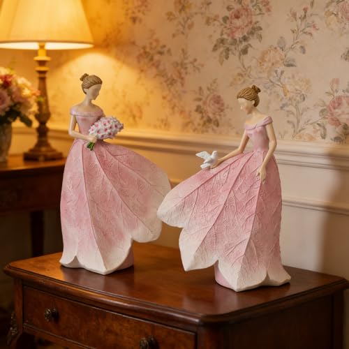 Guichifun Fairy Statue Collection Home Decoration - Pink Leaf Angel Girls Resin Home Garden Patio Living Room Decor Memorial Gift for Mom 7.5 x 4.5 x 11.5 Inch - color: Pink-flower, size: Large