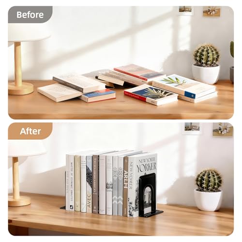 Happyhapi 14 Pair Book Ends for Shelves, 28 Pcs Metal Bookends Book Holder for Shelf, Heavy Book Stopper for Desk, Simple Library Office Home Bookend, 4.9 x 5.7 x 6.5 in, Black