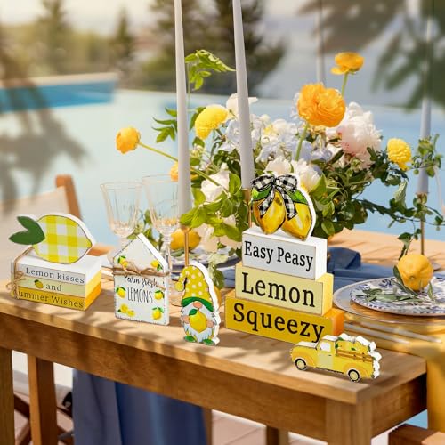 Vercraft 11 Pcs Lemon Table Decorations Set Lemon Tiered Tray Decor Summer Wooden Top Farmhouse Rustic Wooden Coffee Table Centerpieces for Home Kitchen Office Decorations - style: Lemon
