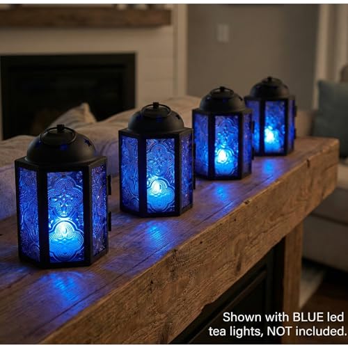 VELA LANTERNS Mini Moroccan Tea Light Candle Holder Lanterns – 4.25" Small Decorative Lantern for Table or Hanging, Metal with Glass Panels – Ramadan, Wedding, Home Decor, Cobalt Blue (Set of 4) - color: Cobalt Blue