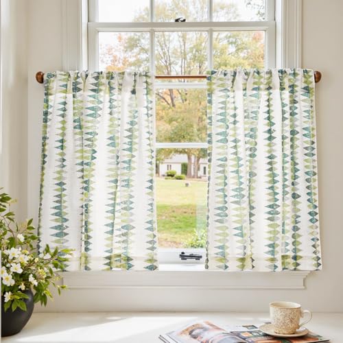 jinchan Mudcloth Boho Kitchen Curtains for Windows Cafe Curtain Light Filtering 24 Inch Linen 2 Panels Window Tier for Cabin Laundry Farmhouse Rustic Sage Green on Linen - color: Tribal | Sage Green on Linen, size: 26"W x 24"L (Pack of 2)