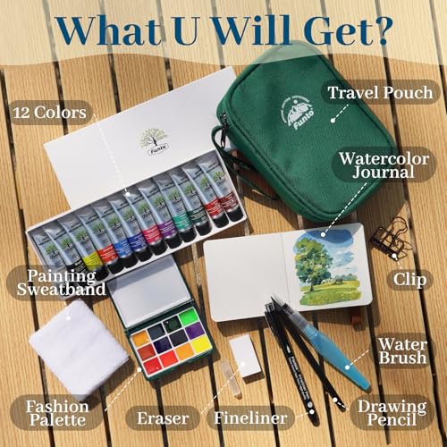 Funto Mini Watercolor Travel Set, 12-Color Refillable Travel Art Kit, All-in-One Mini Paint Supplies with Bag, Art Craft for All, Portable Water Color Paint for Beginners, lovers and Artists - style: Travel Set