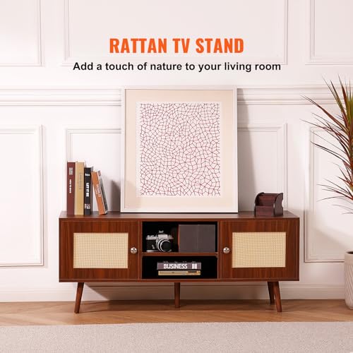 VEVOR Rattan TV Stand, Boho TV Cabinet for 55 inch TV, Mid Century Modern TV Stand, Rattan TV Console with Adjustable Shelfs for Living Room, Media Room, Walnut - color: Walnut, size: for 55" TVs