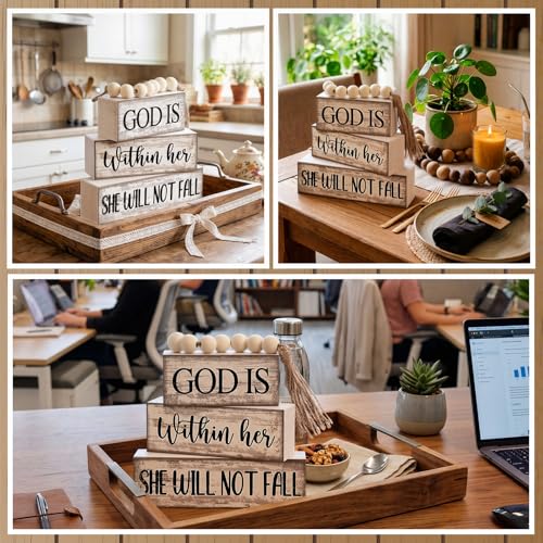 Lineshading 4 Pcs Christian Table Decor Rustic Wooden Block Sign Set with God Is Within Her She Will Not Fall Farmhouse Stacked Decor with Beaded Garland Tassel Christian Home Decors for Office, Shelf - style: Bead