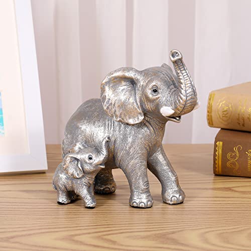 Cute Silver Elephant Statue Home Décor Good Luck Elephant with The Baby Décor for Shelf Good Gifts for Women Decoration for Living Room, Bedroom, Office - color: Silver