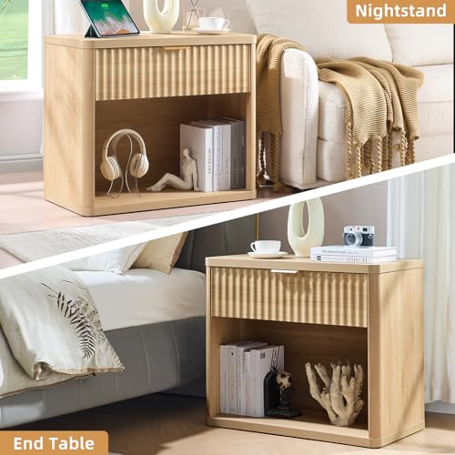 LEYAOYAO 31" Wide Fluted Nightstand with Charging Station, Oversized Extra Large 1 Drawer Night Stand with Golden Handle, Natural Wood Bedside Table Tall End Tables,for Bedroom, Living Room, Hallway - color: Natural, size: 1 Drawers