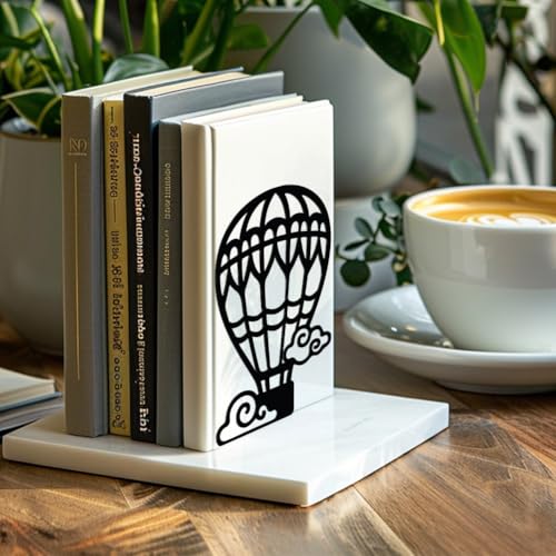 Peacoblue Metal Bookends for Shelves, Modern Decorative Heavy Duty Study Book Support Stoppers for Office, Desk, Shelf, Room 5.3"x4.3"x7.9" Cast Iron Simple Tall Bookends, 1 Pair (Hot Air Balloons) - style: Hot Air Balloons