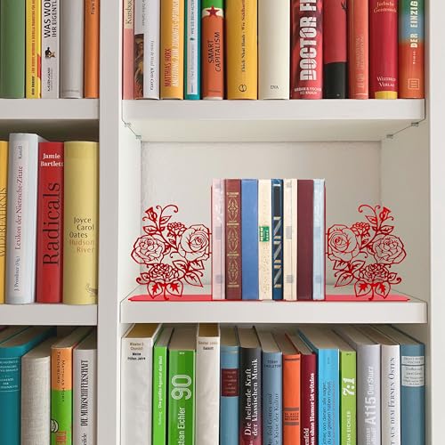 Cute Bookends, Unique Decorative Book Ends with Rose Design - Ideal Gift for Book Lovers, Fit for Library, Study, and Bookshelf Display (Red)