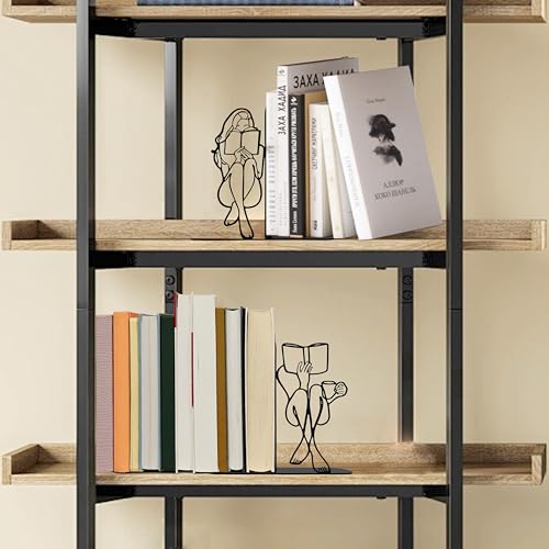 Reading Bookends Decorative for Shelves - Girl Reading Statue Bookends, Metal Black Book Ends Decor for Heavy Books, Novelty Bookish Decor for Home Library, Book Lovers Gift for Women & Students