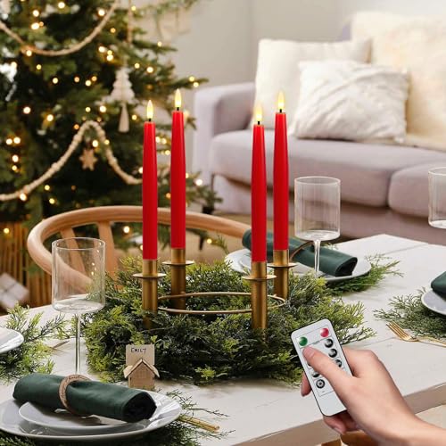 GenSwin Flameless Taper Candles, Set of 2 Red LED Taper Candles Battery Operated with Remote Timer, Real Wax Flameless Candlesticks with 3D Flame for Home Wedding Party Holiday Decor (0.78” x 9.65”) - color: 2-Red