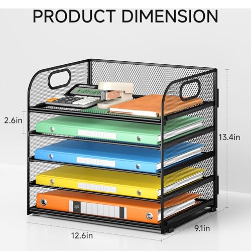 Lavatino 5 Tray Desk File Organizer, Black Mesh Paper Sorter Letter Tray Organizer with Handle, Desktop File Organizer and Storage for Letter/A4 Office File Folder - color: 5 Tier - Black, size: 12.6" x 9.1" x 11.5"