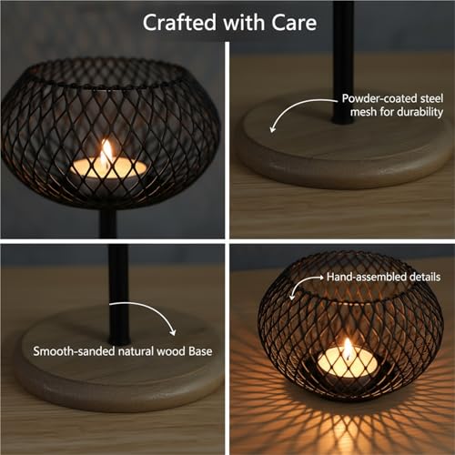 Modern Iron Mesh Candle Holder Set with Bamboo Base, Stylish Dining Table Centerpiece Decor, Lightweight Yet Sturdy Metal Votive & Tea Light Stand for Home Ambiance(Samll) - size: samll