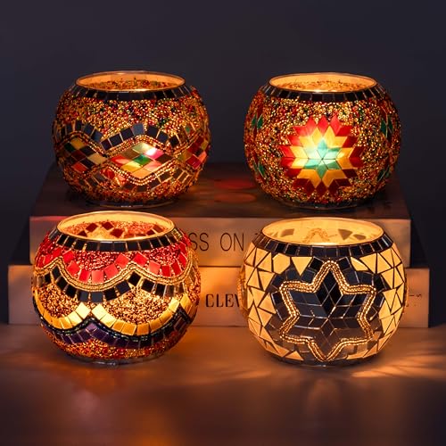 Rancco Handmade Mosaic Glass Tealight Candle Holder Set - 4 Pack with 10.5 oz Long-Lasting Soy Wax Scented Candles - Perfect Aromatherapy Gifts for Women, Moms, Birthdays, Spa Days, and Christmas - color: CC Multi-color