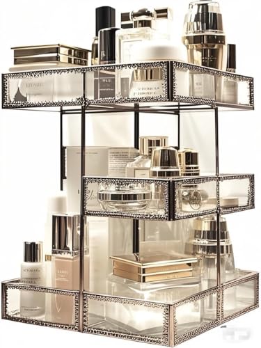 Hersoo 360 Rotating Glass Makeup Organizer, Spinning Vanity Cosmetic Storage with Multi-Layer Compartments, Luxury Countertop Rotating Makeup Holder for Skincare, Perfume, Cosmetics - color: Brass