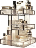 Hersoo 360 Rotating Glass Makeup Organizer, Spinning Vanity Cosmetic Storage with Multi-Layer Compartments, Luxury Countertop Rotating Makeup Holder for Skincare, Perfume, Cosmetics - color: Brass