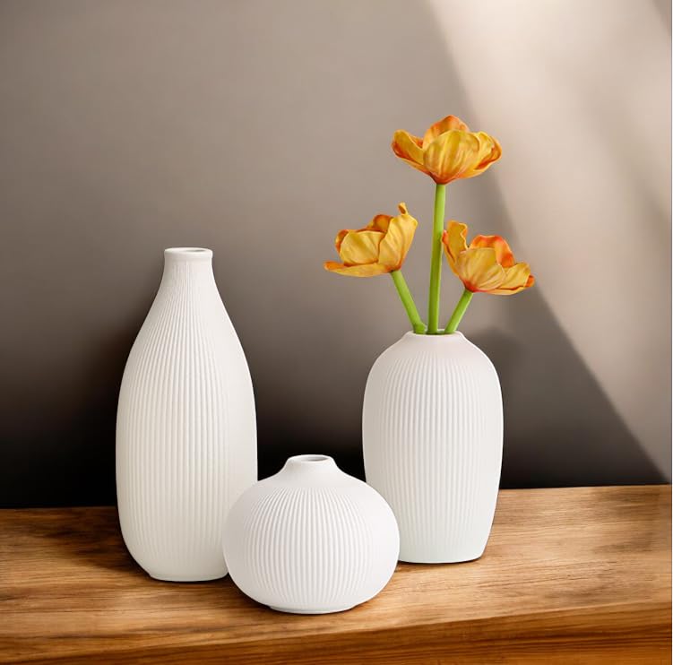 White Ceramic Vase Set of 3 - Small Modern Minimalist Ceramic Bud Vases for Home Decor - Boho Aesthetic Flower Vases for Desk, Shelf & Table, Mantle, Bookshelf (Cute & Versatile) (White) - color: White