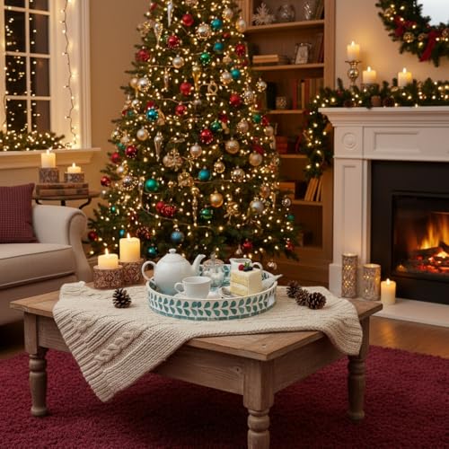 PEMAR 12.6” Mother of Pearl Round Serving Tray with Handles, Decorative Nacred Wooden Ottoman Coffee Table Tray (Teal Floral Pattern) - color: Teal Floral