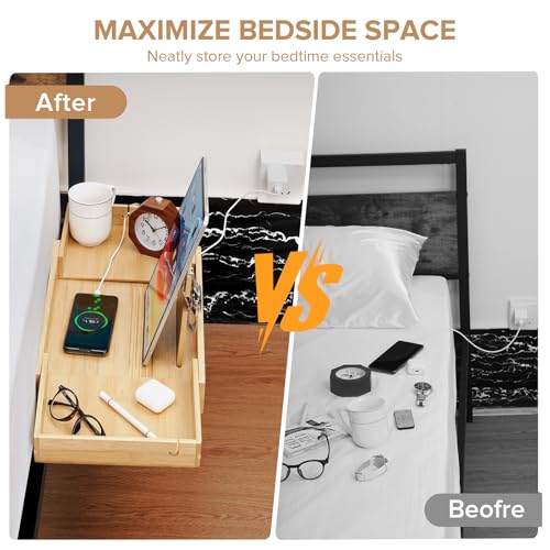High Capacity Bedside Shelf, Bunk Bed Side Table, Loft Nightstand Organizer Tray, Loft Bed Shelf with Scalable Tray for Dorm Room, Clip On Nightstand with Cord Holder - Natural Bamboo