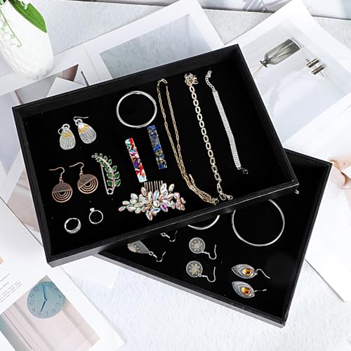 Velvet Jewelry Trays 4 Pcs Black Stackable Jewelry Organizer Trays for Earring Necklace Bracelet Ring Jewelries Storage Display Case - color: Black-4pcs