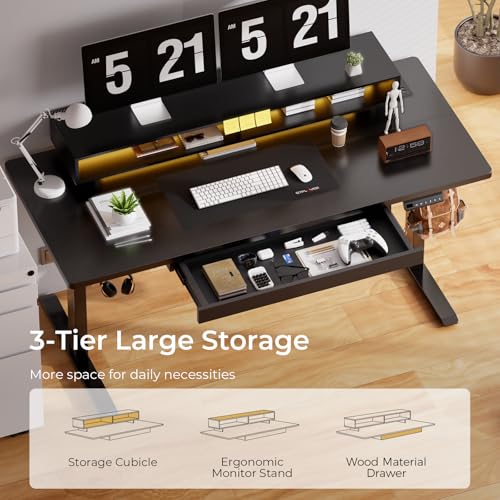 GTPLAYER Electric Standing Desk with Drawers, 55 x 24 Inch Height Adjustable Gaming Desk with Monitor Stand, Power Outlets & LED Lights, Home Office Sit Stand Up Desk with Memory Preset (Black) - color: Black, size: 55*24"