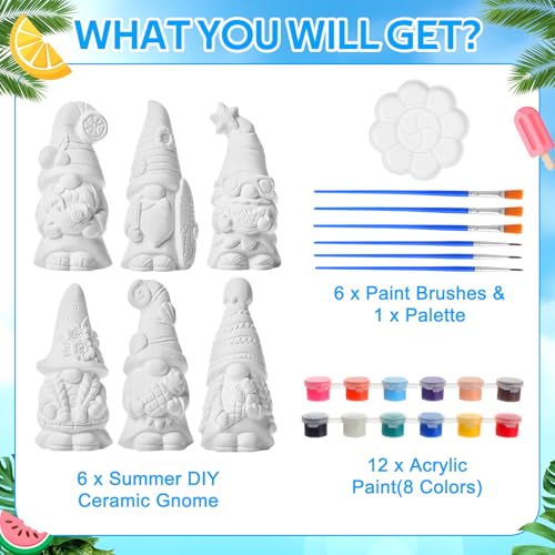 Arrowbash 6 Pcs Summer Ceramics to Paint Ready to Paint Your Own Gnome Statues 5.12 Beach Theme Paintable Figurines DIY Unpainted Ceramics Plaster Crafts Kit with Brush Palette - style: Summer