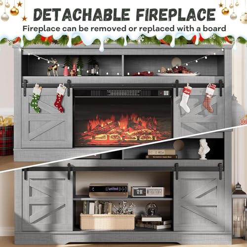 YESHOMY Fireplace TV Stand for Television up to 65+ Inch with Storage and Farmhouse Sliding Barn Doors, Entertainment Center with Cabinet and Shelves, Media Console for Living Room,Gray - color: Grey, style: Sliding Barn Doors Fireplace TV Stand