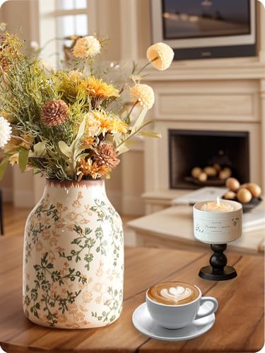 Vintage Ceramic Vase - 7.8 Inch Hand-Painted Flowers with Ice Crackle Glaze Finish, American Farmhouse Style Pitcher Vase for Home Decor, Centerpiece, Shelf, Table, Office - color: Beige and Green-002