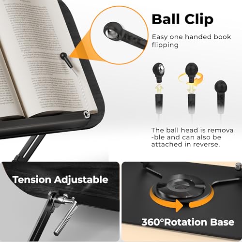 SupeDesk Book Stand for Reading, Adjustable Book Holder with 360° Rotating Bases, Foldable Designs, and Elastic Clips, Multifunctional Display Stand for Recipe, Cookbooks, Magazines, Tablets, Laptops - color: Black Wood