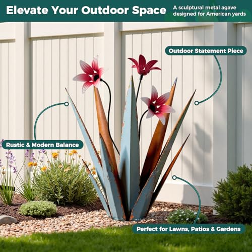 2 Pack Metal Agave Plant Sculptures, Outdoor Agave Plants, Tequila Rustic Sculpture, 16” Hand Painted Garden Decoration Yard Art Plant - color: Retro Blue 2pcs W/ Flower