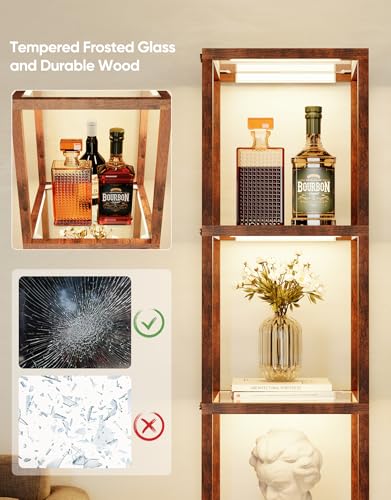 PARTPHONER Floor Lamp Glass Display Shelf with Remote/APP Control, Dimmable LED Floor Lamp with Shelves, Open Display Cabinet, Color Temp Control (2700K-6000K), Rustic Brown - color: Rustic Brown