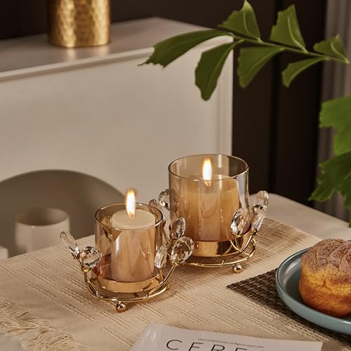 Gold Hurricane Candle Holder with Crystal Accents & Windproof Glass Lid - Elegant Gold Pillar Candle Holder for Wedding, Dinner & Party Table Decor - size: Medium
