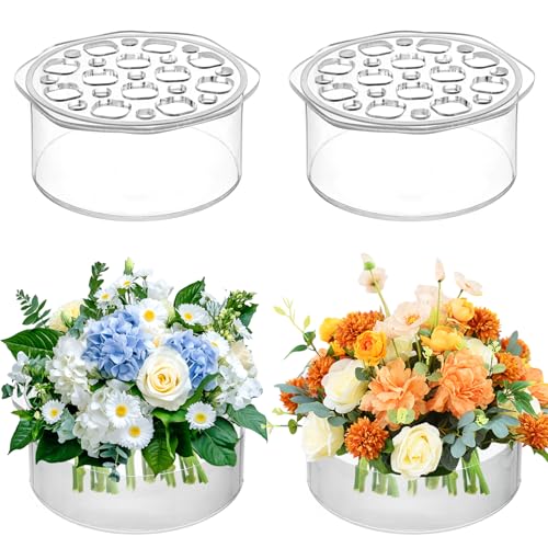 Jucoan 4 Pack Round Acrylic Flower Vase, 6 x 2.5 Inch Cylinder Low Acrylic Vase with Holes for Floral Arrangement, Home Wedding Bridal Shower Party Table Centerpieces Decor