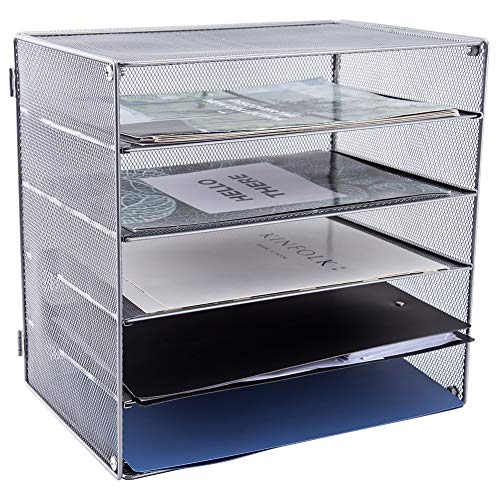 EASEPRES 5 Slot Mesh Desk Organizer Tray, File Paper Letter Folder Holder Desktop Paper Sorter Mail Organization Rack Storage Accessories, for Office Home School Classroom, Silver - color: 5 Tier Silver