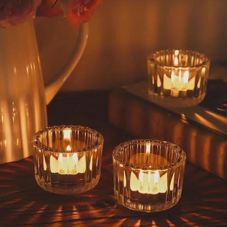 Clear Tealight Candle Holder Set of 2,Glass Votive Candle Holders, Decorative Round Ribbed Candle Holders for Home Decor (Clear) - color: Clear