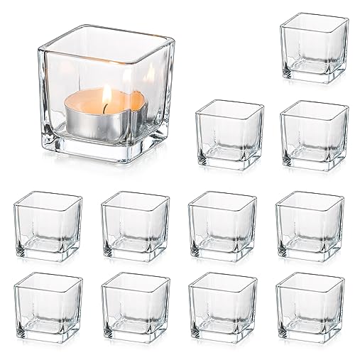 Glasseam Glass Votive Candle Holders: Set of 12 Clear Square Tealight Holder Small Tea Light Holders for Table Centerpiece Wedding Decor