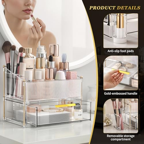INVSSENE Stackable Makeup Organizer Countertop, Storage Perfume Skincare Cosmetic Lipstick Face Mask Makeup Brush Palettes, Ideal for Vanity Bathroom Counter - color: 3514 Clear