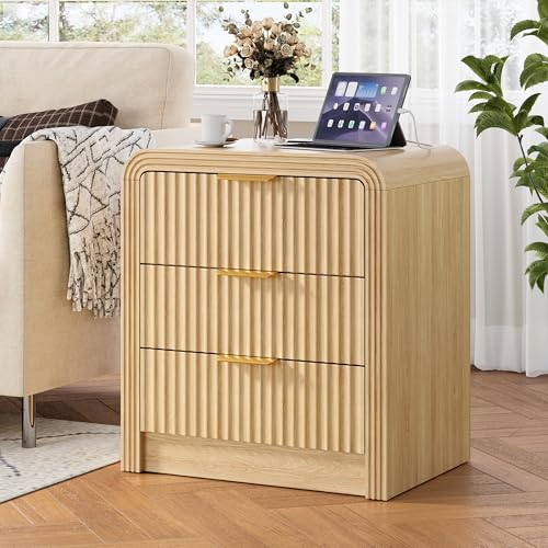 Decofy Fluted Nightstand with Charging Station, Modern Bedroom Side Table with Gold Handles, Curved Profile Design, End Table Wood Organizer for Bedroom, 19.7" & 3 Drawers (1 Pack, Natural Oak) - color: Natural Oak, size: 3 Drawer( 15.5"D x 19.6"W x 24"H)