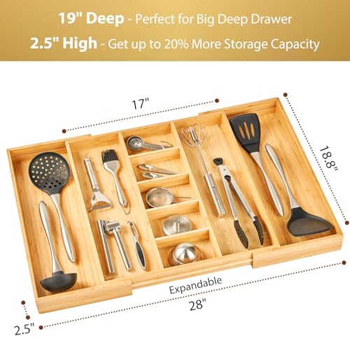 Umilife Extra Large Expandable Kitchen Drawer Organizer for Utensil and Junk, 19" Deep for Big Drawer, 17" to 28" Adjustable Bamboo Wood Drawer Divider, Cutlery Tray, Flatware Holder - style: For Utensil (17"~28" x 19")